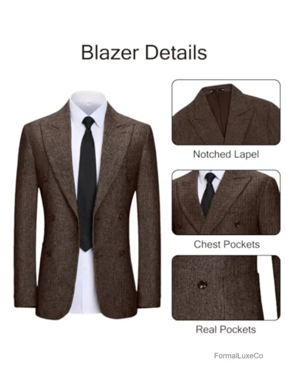 Men's Tweed Herringbone Double-Breasted Blazer Vintage Wool Blend Jacket